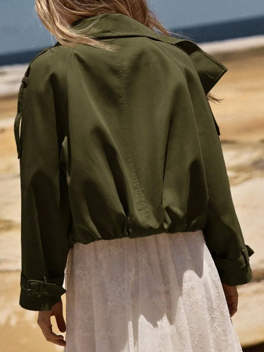 Army Green Casual Women's Double-Breasted Short Trench Coat